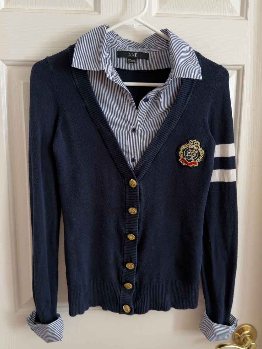Forever 21 Navy Cardigan Sweater with Crest and White Sleeve Stripes